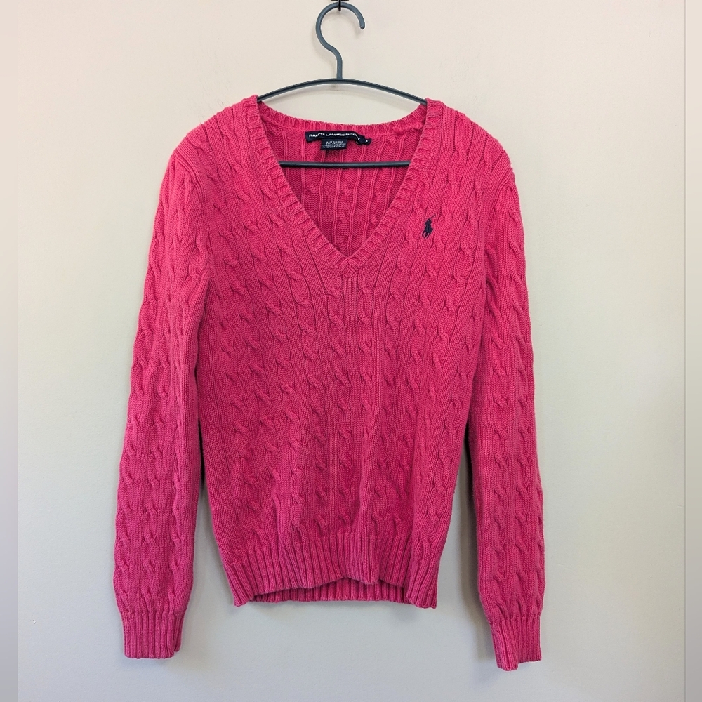 Vintage Y2K Ralph Lauren Sport Pink Cable Knit Sweater V-neck‎ Old Money Tennis